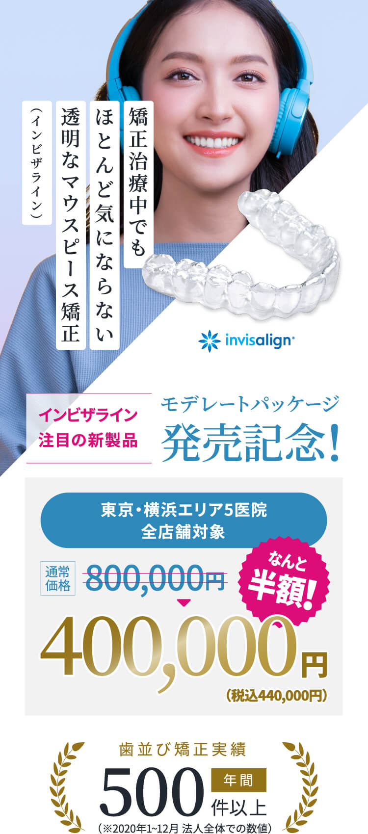 矯正治療中でもほとんど気にならない透明なマウスピース矯正（インビザライン）年間500件以上歯並び矯正実績（※2020年1~12月 法人全体での数値）